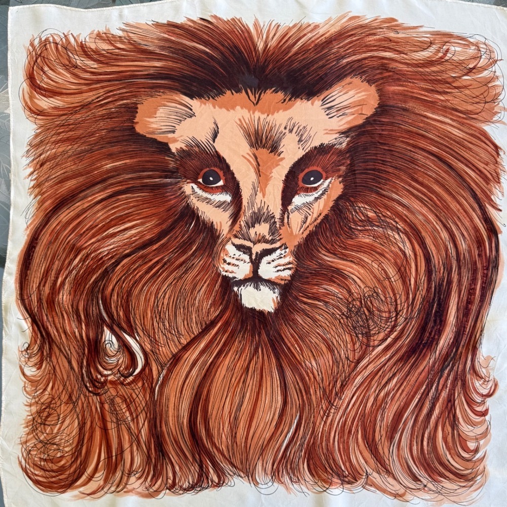 Vintage Glentex Lion Head Scarf Made in Japan Brown Satin Square Safari 26